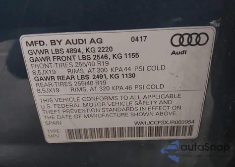 2018 Audi Q3 2.0T Premium/2.0T Sport Premium z USA, uszkodzony, nr VIN WA1JCCFSXJR003954